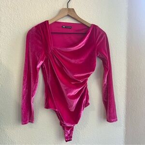 Zara Fuchsia Velvet Asymmetrical Draped Bodysuit